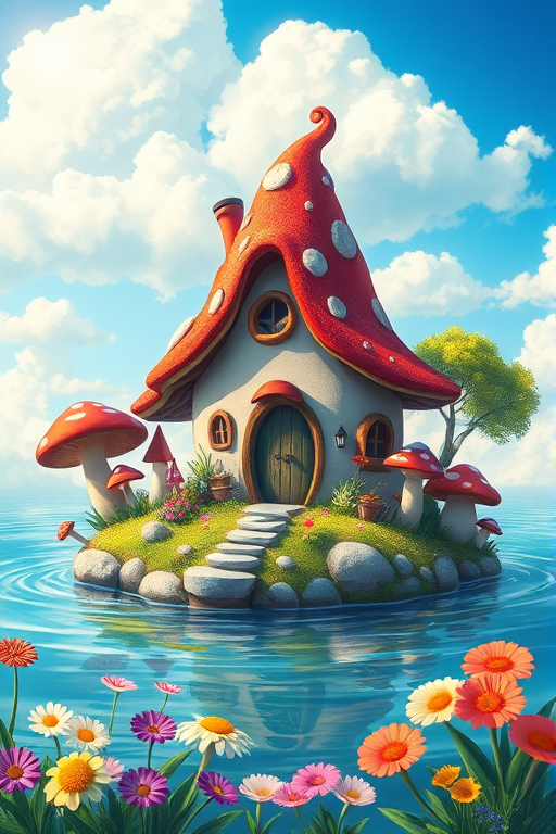 Create an illustration of a whimsical mushroom-shaped house on a small island surrounded by water, with colorful flowers and oversized mushrooms, under a bright blue sky with fluffy clouds, captured as a vibrant digital painting using a Canon EOS R5, 24mm lens, aperture f/8, ISO 100, and a soft focus effect for enhanced depth and detail.