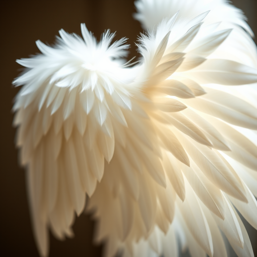 Regenerate the image of angelic white wings, captured with a 50mm lens at f/1.8, ISO 100, in a soft light setting, using a Canon DSLR camera, focused on the intricate feather details with a shallow depth of field.