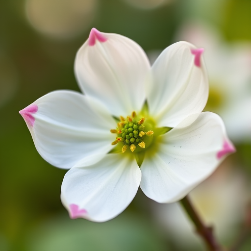close-up photograph of a white dogwood flower with green center and pink-tipped petals, soft bokeh background, aperture f/2.8, shutter speed 1/200s, ISO 100, 50mm lens, natural light, DSLR camera