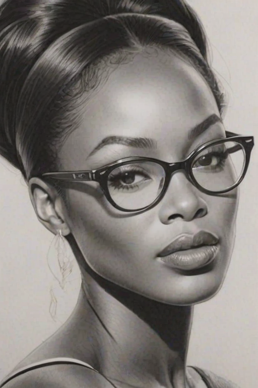 Magnificent Naomi Campbell, pencil sketch, portrait of Attractive woman 1955s in glasses, hair style beatnik, outline, clear lines, fine lines, 8k