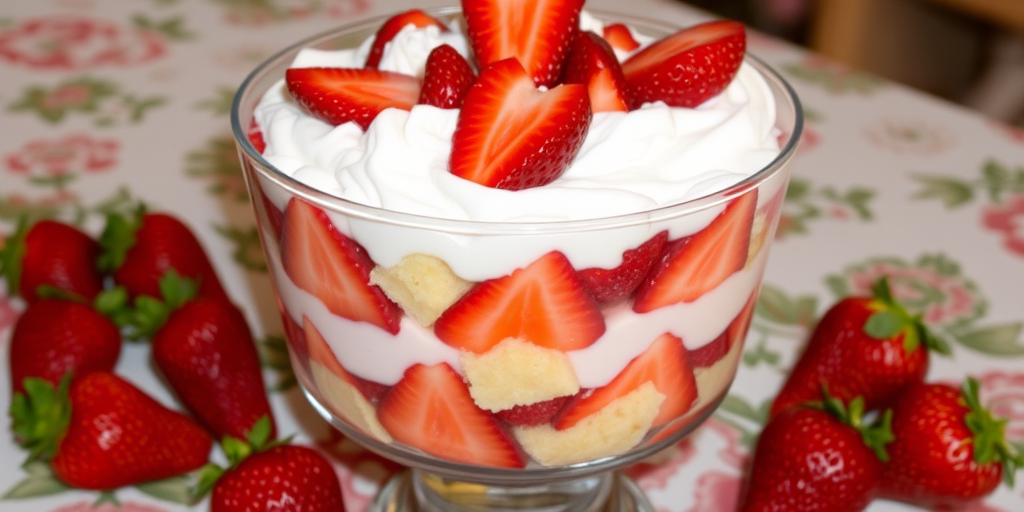 A glass dessert trifle with layers of strawberries, whipped cream, and cake pieces topped with fresh strawberries on a patterned tablecloth with additional strawberries around it.