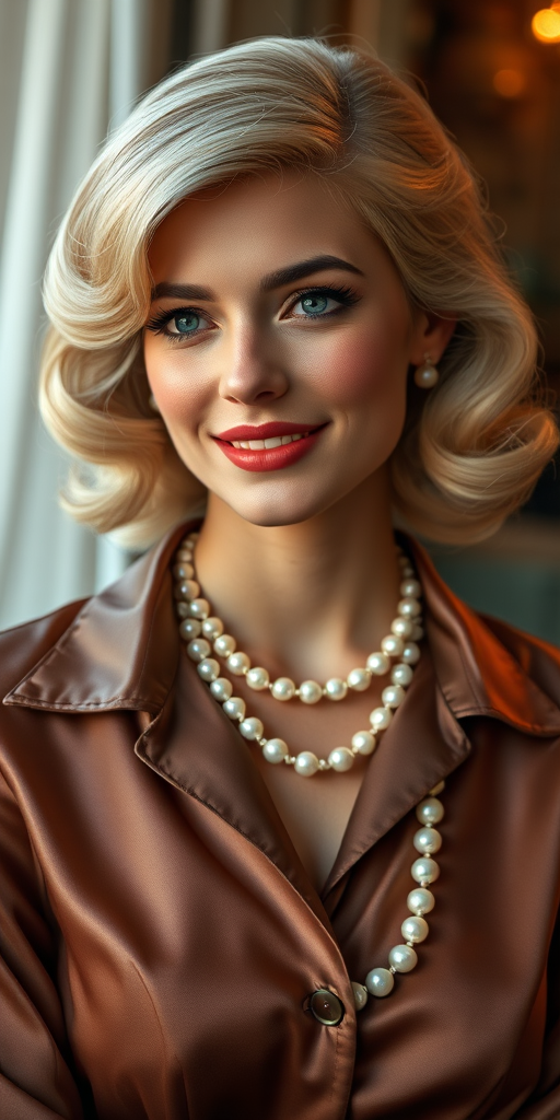 A beautiful Georgian woman reminiscent of 1950s Hollywood glamour, with perfectly styled blonde hair and a seductive smile, dressed in a satin blouse and adorned with pearls, soft and warm tones, photorealistic, 8K