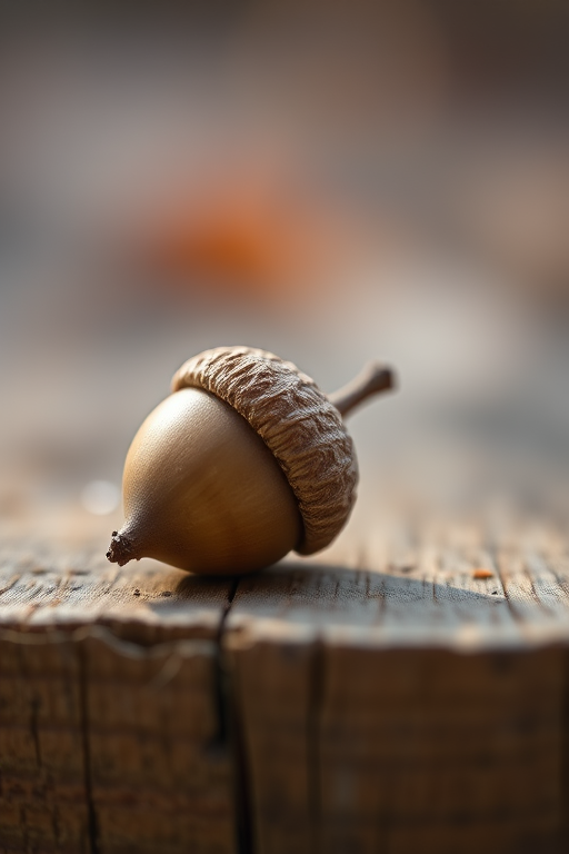Acorn on a wooden surface, soft natural lighting, macro lens, aperture f/2.8, shutter speed 1/125s, ISO 100, DSLR camera, focus on texture details and color gradients.