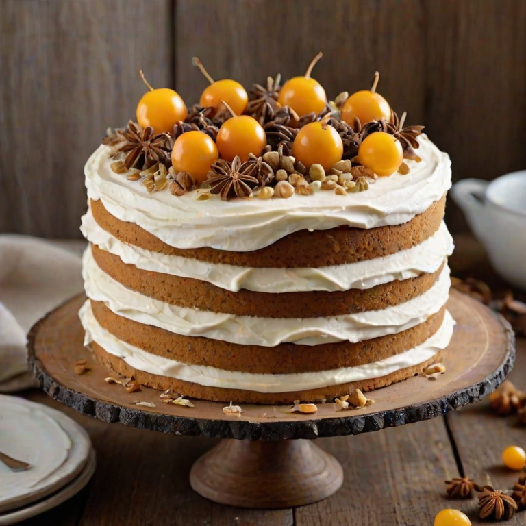 Create a three-layer round cake with smooth white frosting and decorative elements on top. Use a simple spiral design for the frosting on each layer. Add a variety of edible decorations, including golden berries, star anise, and a few husked physalis fruits. Place the cake on a clear glass cake stand and set it against a rustic wooden background.