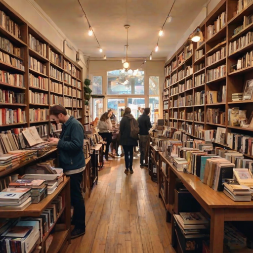 Charming bookstore cafe, with patrons sipping coffee while browsing books, shelves lined with literary treasures, and soft music playing in the background.