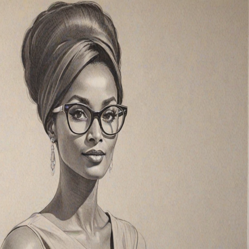 Radiant Iman, pencil sketch, portrait of Delightful woman 1960s in glasses, hair style beatnik, outline, clear lines, fine lines, 8k
