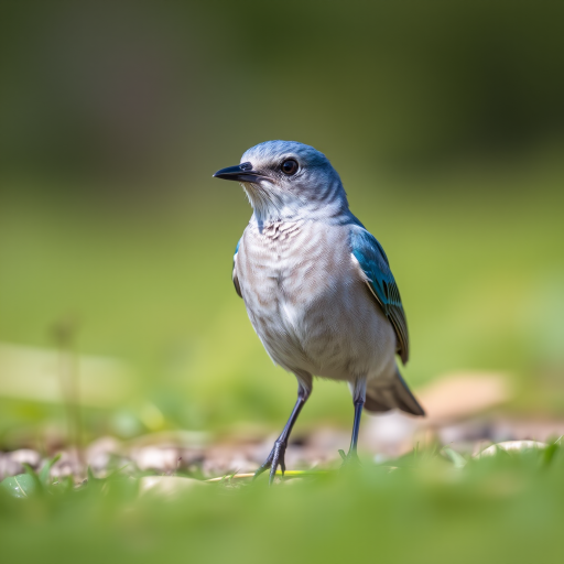 Capture a close-up of a blue-grey bird standing on the ground, with a shallow depth of field to blur the background, using a DSLR camera at f/2.8, 1/500s shutter speed, ISO 200, in natural light, with a 100mm macro lens for sharp detail.