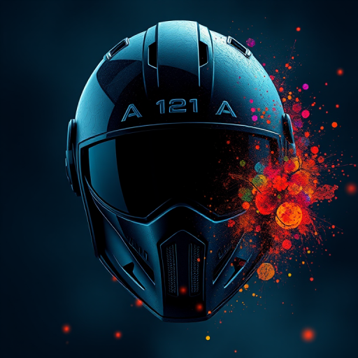 Create a vivid digital illustration of a dark helmet with intricate details and a dynamic splash of colors, using a Canon EOS R5 with a 50mm lens at f/1.8, ISO 100, and a shallow depth of field to enhance the focus on the helmet while blurring the background.