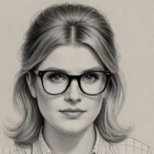 Bewitching Jillian Bell, pencil sketch, portrait of Resplendent woman 1965s in glasses, hair style beatnik, outline, clear lines, fine lines, 8k