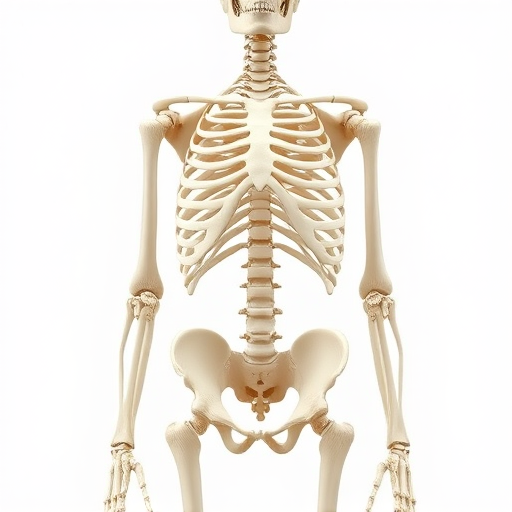 Generate an anatomical illustration of a human skeleton with detailed bone structure, highlighting the ribcage and pelvis, with a neutral background, shot with a DSLR camera at f/8 aperture, 50mm lens, ISO 100, in bright natural light for enhanced clarity.