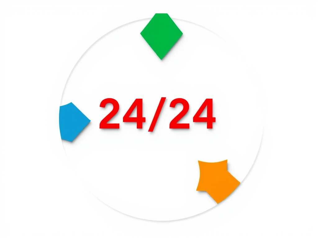 Create a circular diagram with three arrows in blue, green, and orange, featuring the text "24/24" in bold red at the center, captured with a DSLR camera at 50mm, f/2.8 aperture, ISO 100, in a well-lit studio setting.