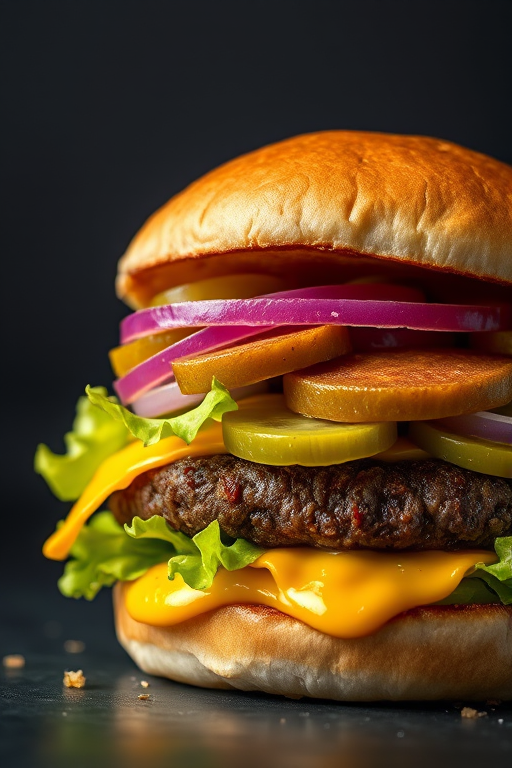a close-up shot of a double cheeseburger with lettuce, pickles, onions, and melted cheese on a dark background, f/2.8 aperture, 50mm lens, ISO 100, soft-focused lighting, high-definition photography, studio quality