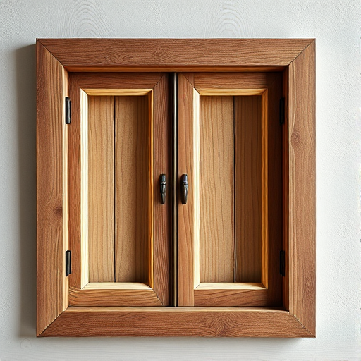 Create a high-resolution image of a wooden window frame with two sections, featuring a realistic texture in the wood grain, set against a soft blurred background, captured using a DSLR camera with a 50mm lens, aperture set to f/2.8, ISO 100, and natural lighting to enhance details and depth.