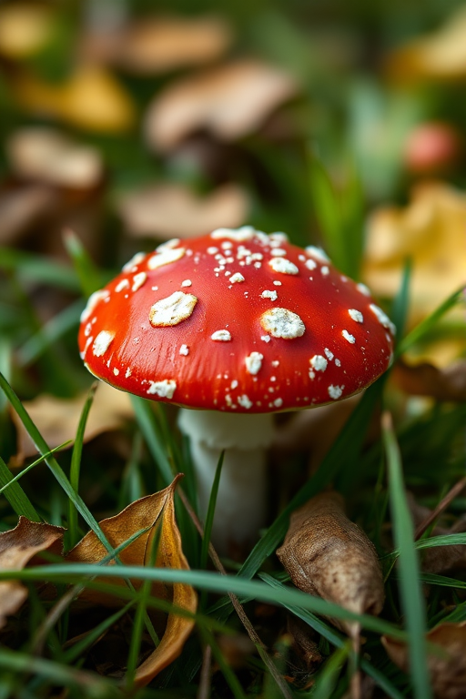 A vibrant red toadstool mushroom with white spots surrounded by green grass and fallen leaves, captured in soft focus with a shallow depth of field, using a DSLR camera, 50mm lens, aperture f/2.8, ISO 200, under natural lighting, aiming for a close-up macro shot.