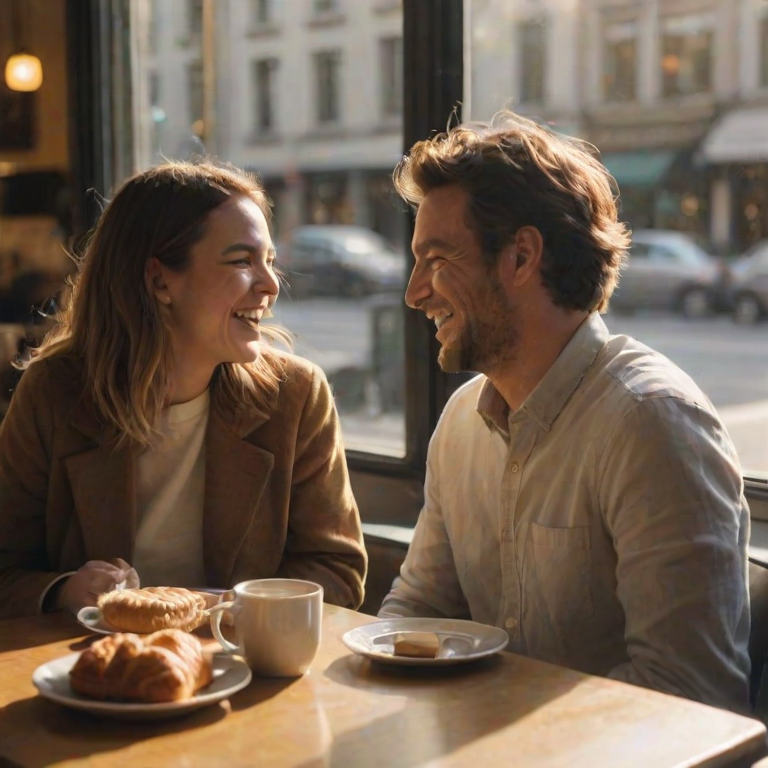 Blurry candid shot of a couple laughing together at a  cafe, soft golden light streaming through the windows, with coffee cups and pastries scattered on the table and a faint reflection of city streets behind them.
