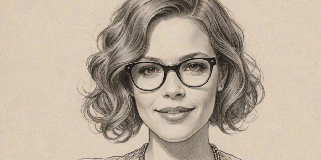 Splendid Bethany Joy Lenz, pencil sketch, portrait of Radiant woman 1920s in glasses, hair style beatnik, outline, clear lines, fine lines, 8k