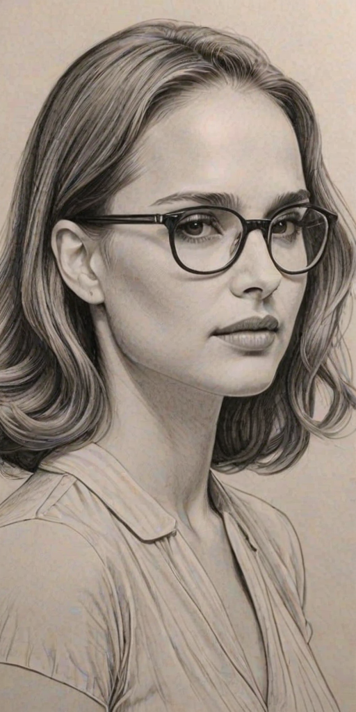 Gorgeous Natalie Portman, pencil sketch, portrait of Delightful woman 1940s in glasses, hair style beatnik, outline, clear lines, fine lines, 8k