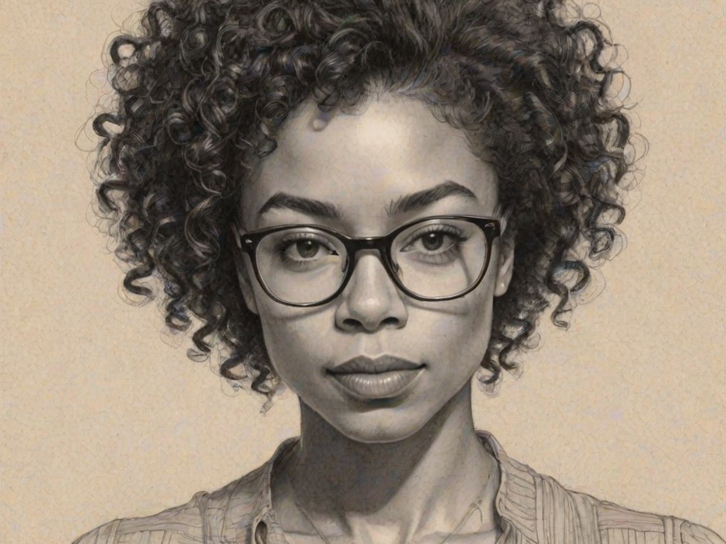 Alluring Sophie Okonedo, pencil sketch, portrait of Fascinating woman 1923s in glasses, hair style beatnik, outline, clear lines, fine lines, 8k