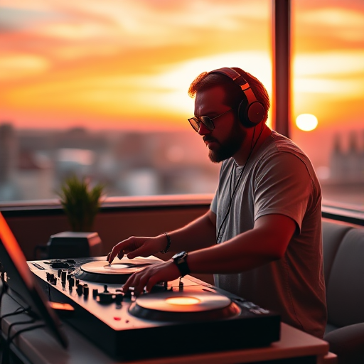 Create an image of a DJ in a cozy indoor setting during sunset, wearing sunglasses and headphones, with a turntable and equipment on a table, vibrant colors in the sky, soft focus, with a DSLR camera, 50mm lens, f/1.8 aperture, ISO 200, and a warm color palette.