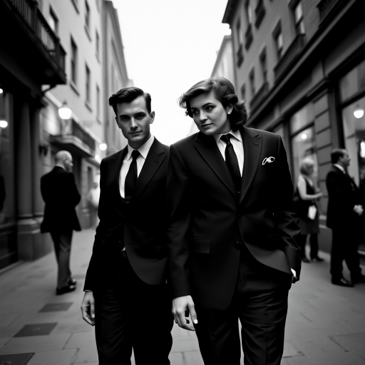 Black-and-white photograph, couple, tailored suits, retro hairstyles, film noir style, Tilt the camera for a dynamic Dutch angle using a versatile 24-70mm lens