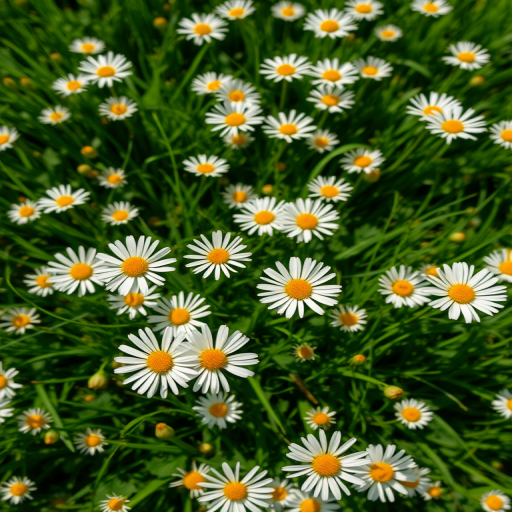 a field of white daisies in lush green grass, shallow depth of field, f/2.8, ISO 100, 1/400s, taken with a DSLR camera, top-down view, vibrant colors, natural light