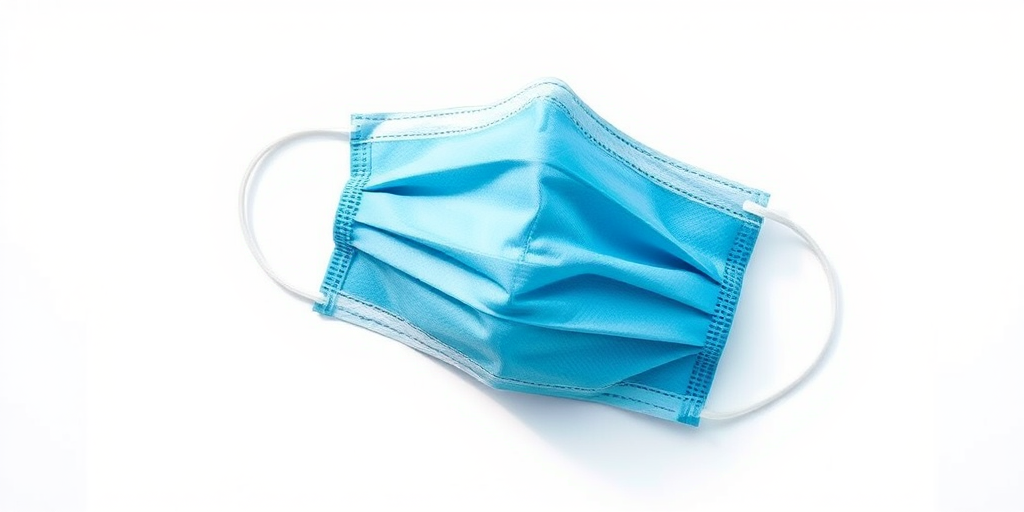 Create a highly detailed illustration of a blue surgical mask on a plain background, use a 50mm lens at f/2.8, shot from eye level, with soft natural lighting to enhance texture and depth, in a digital art style.