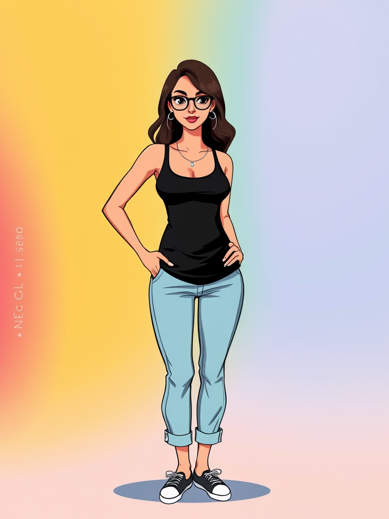 Create an illustration of a stylish woman standing with a confident pose, wearing a black tank top and light blue pants, in a vibrant cartoon style, using a Canon EOS R5, 50mm lens, f/1.8 aperture, 1/200 sec shutter speed, ISO 100, focused on her figure against a colorful gradient background.