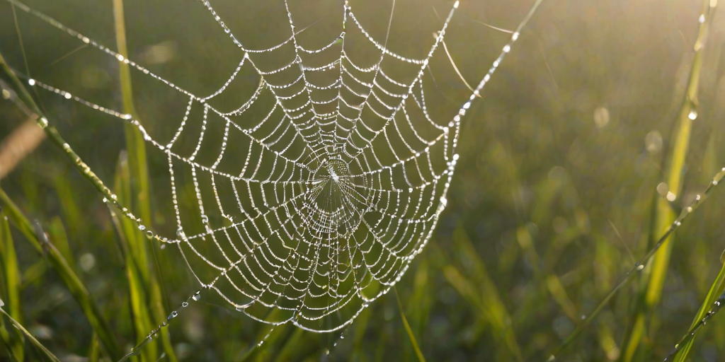 Sharp, high-resolution photo of a dew-covered spider web in the early morning, tiny water droplets glistening in the sunlight, soft focus on the surrounding grass, and the feeling of quiet serenity.