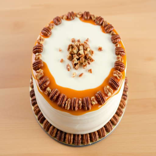 Create an image of a round cake with a smooth white frosting decorated with a caramel topping and chopped nuts on top. The cake should have a decorative piped edge on the top and a border of whole pecans around the base. The background should be a simple wooden table.