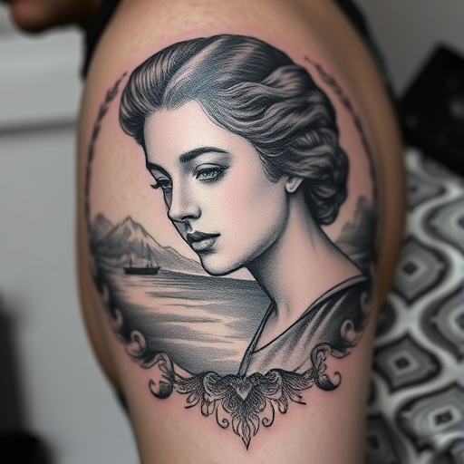 Engraving-style tattoo called "Etched Memories" mimicking the look of vintage engravings with fine lines and crosshatching to create detailed scenes or portraits, celebrated for its classical and sophisticated aesthetic