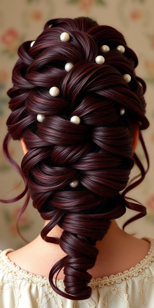 Deep burgundy locks fashioned into an elaborate, Renaissance-inspired updo with braided coils and pearl embellishments, embodying regal "Wine and Roses" elegance