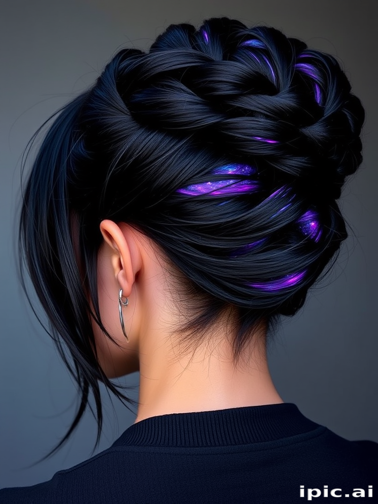 Dramatic jet black hair with hidden galaxy underlights, Cosmic Noir creation, revealing vibrant purples, blues, and silvers when styled in an updo or braids