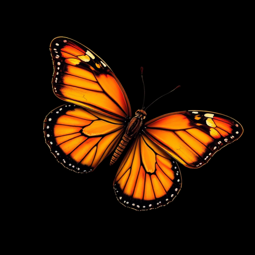 Create a detailed illustration of a vibrant orange butterfly with an abstract design on a black background, captured using a DSLR camera, aperture f/2.8, shutter speed 1/200s, with a macro lens at a 45-degree angle, focusing on the intricate patterns of the wings for enhanced clarity and depth.