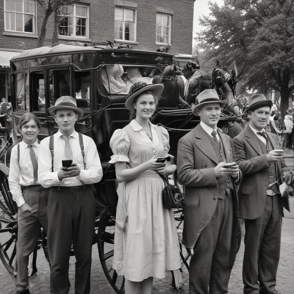 Old fashioned photo, black and white, group of people all holding iPhones, olden day times with horse carriage
