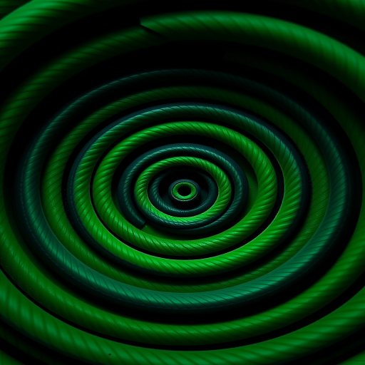 Create a high-resolution image of concentric spiral patterns in vibrant green and black, using a Canon EOS R5 with a 24-70mm f/2.8 lens, aperture set to f/8, ISO 100, shooting from a top-down perspective for symmetrical clarity and depth.