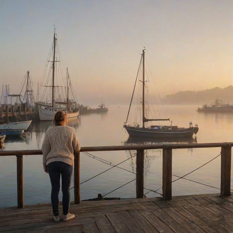Foggy harbor at sunrise, boats rocking gently in the water, a woman in a knitted sweater leans on a wooden railing, watching the fishing vessels prepare to head out to sea.