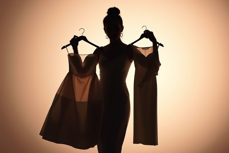 Create a high-resolution silhouette image of a fashion designer holding up two elegant dresses against a soft gradient background, shot with a Nikon D850 at f/2.8, 1/125 sec, ISO 100, using a portrait lens for a shallow depth of field to enhance the subject clarity.
