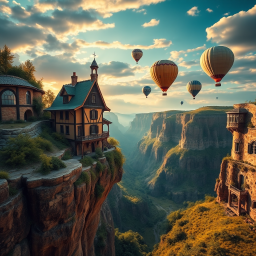 Create a high-resolution fantasy scene of a whimsical house perched on a cliff in a canyon, with hot air balloons in the sky, dramatic lighting, and lush greenery below, captured with a DSLR camera at f/8 aperture, ISO 100, using a wide-angle lens at 24mm, in a vibrant color palette.