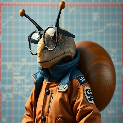 Create an image of a humanoid snail character wearing a stylish jacket with numbers, featuring large glasses, a shell on its back, against a blueprint background; shot with a Canon EOS R5, 50mm lens, f/1.8 aperture, ISO 100, using vibrant colors and high detail, in portrait mode.
