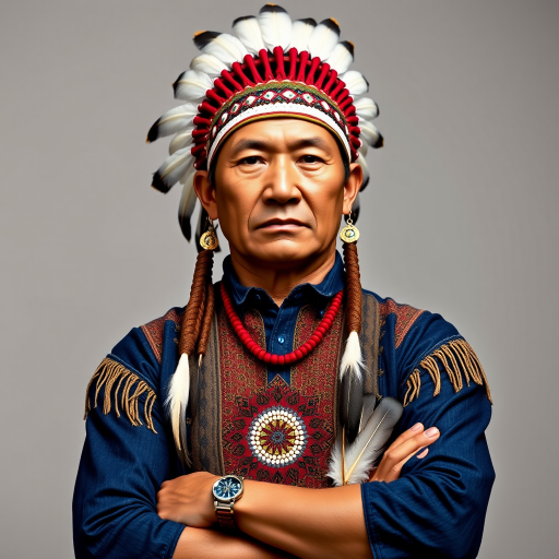 Create a dignified portrait of a Native American man dressed in traditional attire. He wears a beautifully crafted headdress adorned with white feathers and red beads, along with a beaded headband featuring intricate patterns. His clothing includes a deep blue, patterned shirt and a traditional chest piece with detailed beadwork. His arms are crossed, displaying leather armbands decorated with feathers. The background is simple and neutral, emphasizing his proud and stoic expression. The overall image captures the rich cultural heritage and strength of his persona.