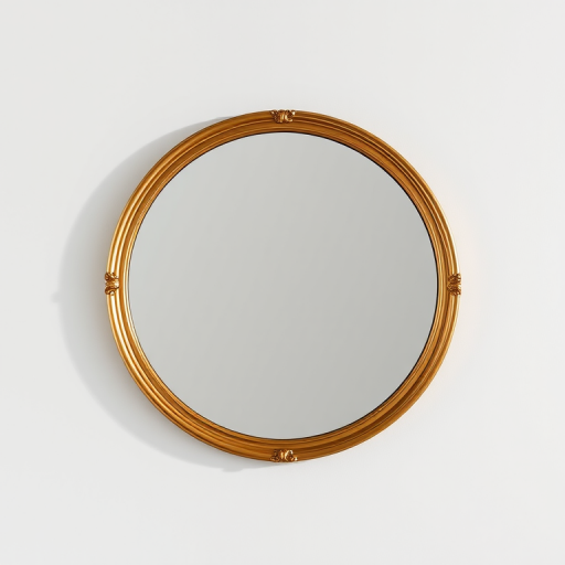 Create a realistic high-resolution image of a round mirror with a gold frame, shot using a DSLR camera with a 50mm lens at f/2.8, ISO 100, in natural daylight from a frontal view.