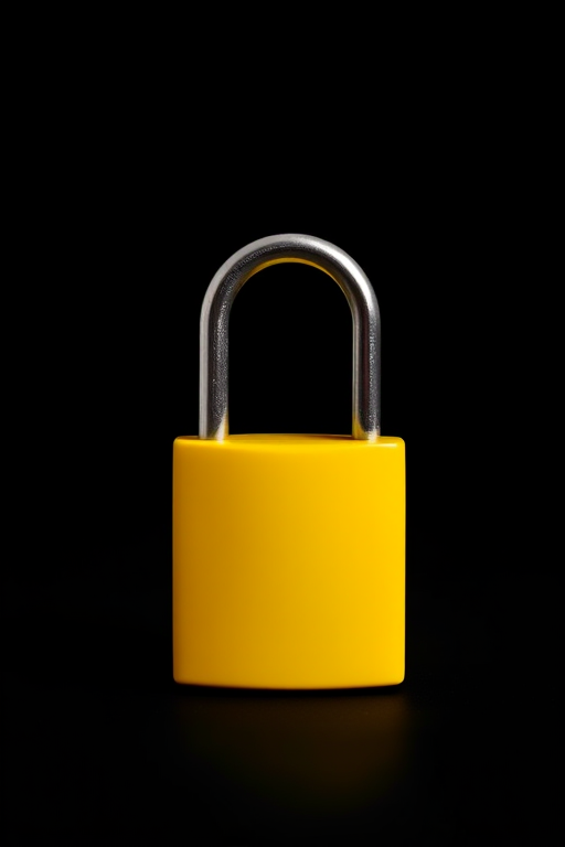 Create a high-resolution image of a shiny yellow padlock with a silver shackle, centered on a simple black background, using a DSLR camera with a 50mm lens, aperture set to f/2.8, ISO 100, and a shutter speed of 1/100 seconds.