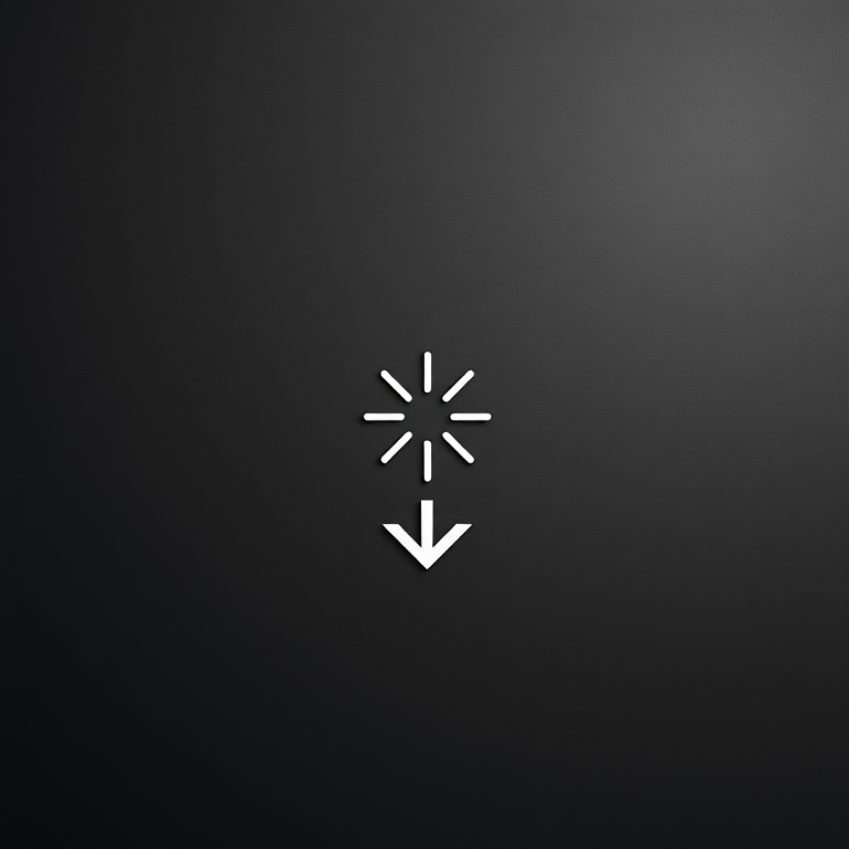 Create a minimalist graphic design featuring a downward arrow and a starburst symbol on a solid black background, shot with a DSLR camera at f/2.8, 50mm lens, ISO 100, using a top-down view and flat lay style for enhanced clarity and detail.
