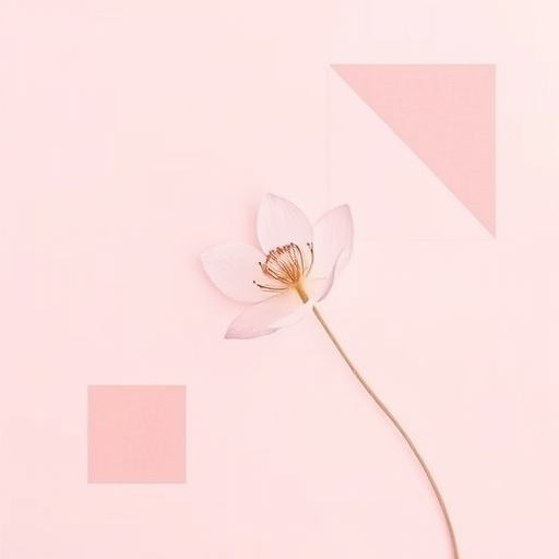 Generate an abstract floral design featuring a delicate flower silhouette on a pastel pink background with geometric shapes in muted tones, using a DSLR camera with a 50mm lens, aperture f/1.8, ISO 100, soft focus style, top-down view.
