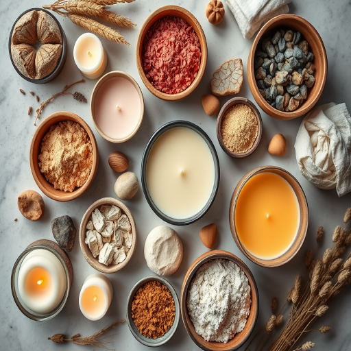 Wide overhead shot of a flatlay with assorted natural candles, bowls of various powders and bath materials, soft lighting for a warm ambiance, f/2.8 aperture, ISO 100, 50mm lens, DSLR camera, shallow depth of field for a blurred background.