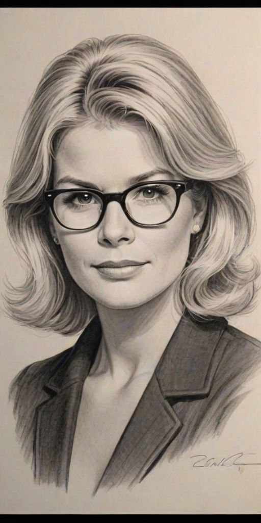 Beauteous Candice Bergen, pencil sketch, portrait of Enticing woman 1923s in glasses, hair style beatnik, outline, clear lines, fine lines, 8k