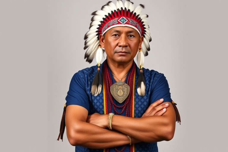 Create a dignified portrait of a Native American man dressed in traditional attire. He wears a beautifully crafted headdress adorned with white feathers and red beads, along with a beaded headband featuring intricate patterns. His clothing includes a deep blue, patterned shirt and a traditional chest piece with detailed beadwork. His arms are crossed, displaying leather armbands decorated with feathers. The background is simple and neutral, emphasizing his proud and stoic expression. The overall image captures the rich cultural heritage and strength of his persona.