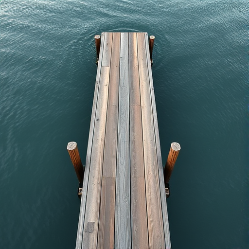 High-resolution photograph of a wooden pier extending into a calm body of water, taken with a DSLR camera, 50mm lens, f/2.8 aperture, ISO 100, natural lighting, top-down perspective.
