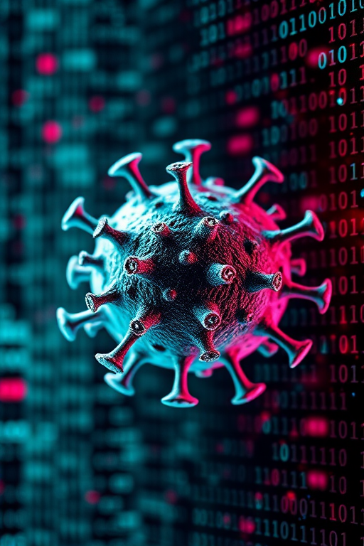 Create an abstract image of a virus surrounded by cascading binary code, with a macro lens effect, f-stop 2.8, ISO 100, 1/60 sec exposure, vibrant colors, high contrast, digital art style.
