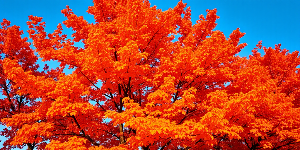 a vibrant autumn tree with bright orange leaves set against a clear blue sky, captured with a DSLR camera, 50mm lens, f/1.8 aperture, ISO 100, at golden hour for enhanced lighting and color saturation